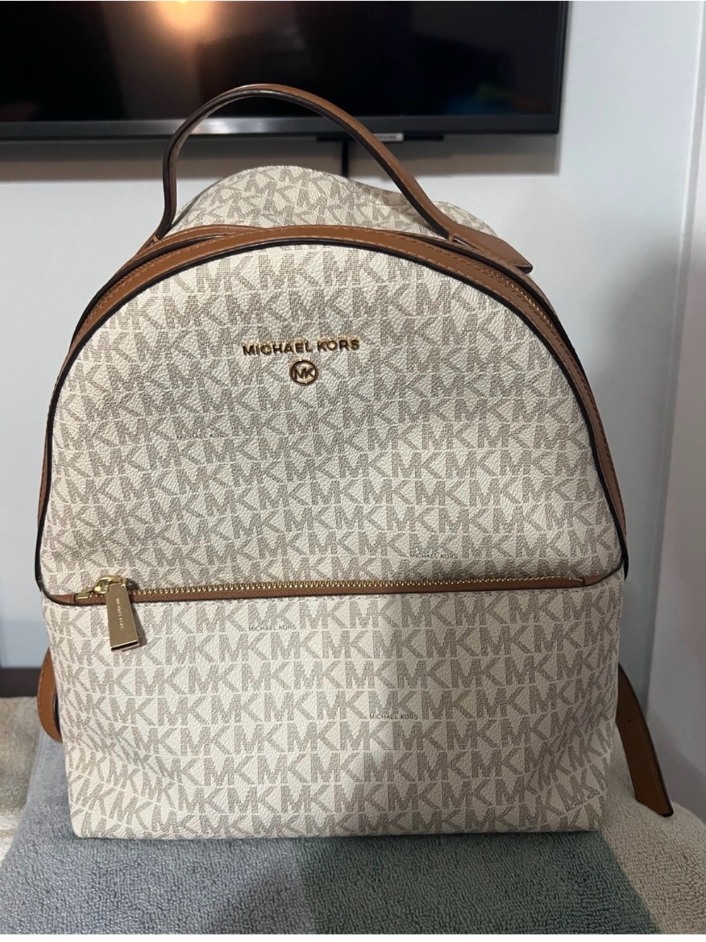 Michael Kors Beige and Brown MK Logo Backpack